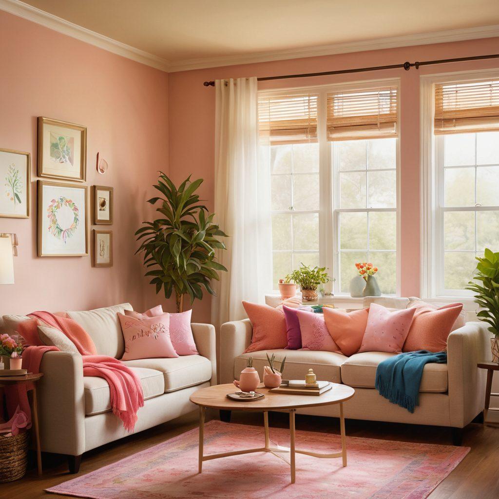 A warm and inviting living room scene with cozy furnishings, depicting a support group for cancer awareness. Add a diverse group of people sharing stories, with colorful ribbons symbolizing cancer awareness displayed prominently. Soft light filtering through a window casting a hopeful glow, creating a sense of community and warmth. Include plants and art that signify healing and strength. super-realistic. vibrant colors.