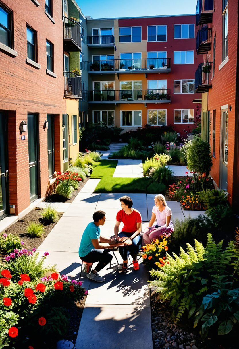 A bustling apartment complex courtyard, showcasing diverse residents engaging in friendly conversations, kids playing, and a community garden in the background. Brightly colored flowers and greenery create a welcoming atmosphere, symbolizing connection and unity. Warm sunlight filters through, casting a glow over happy faces, representing shared moments and friendships. super-realistic. vibrant colors. sunny background.