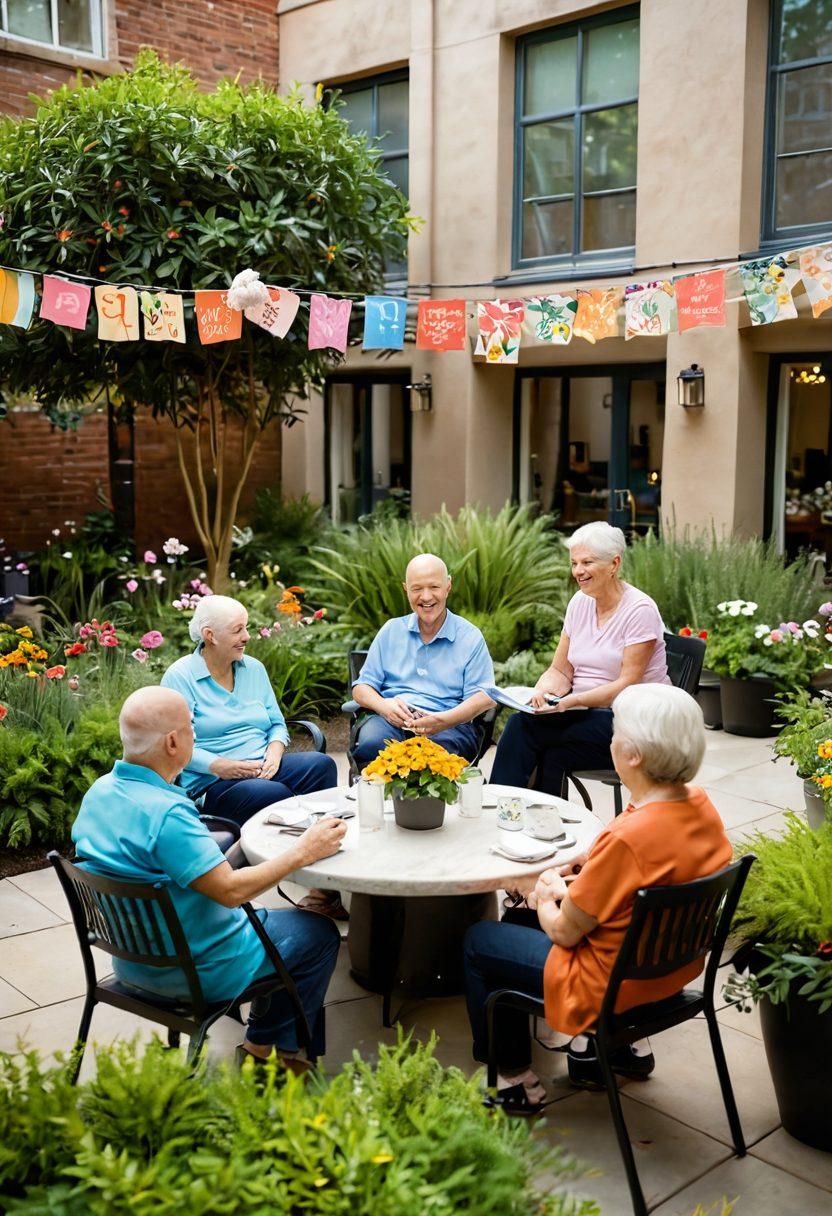 A diverse group of cancer patients engaging in a warm, friendly community gathering in a beautifully landscaped apartment courtyard, surrounded by flowering plants and tranquil seating areas. Vibrant banners depicting wellness themes hang above, while laughter and supportive conversations create an inviting atmosphere. Include elements like health-focused activities, communal gardens, and uplifting colors to emphasize hope and unity. warm colors. realistic. inviting atmosphere.